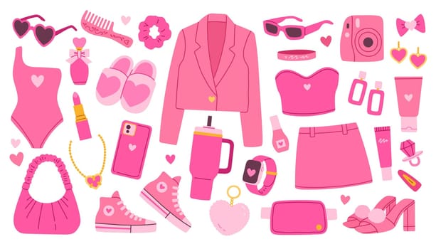 Pink trendy barbiecore set, pink aesthetic accessories and clothing. Vector illustration