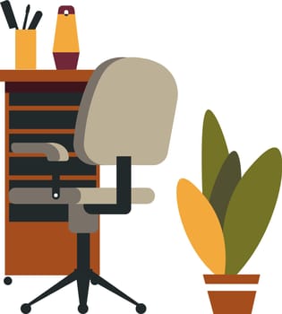 Decorations and furniture of barbershop. Isolated table with drawers and shelves, comfortable chair and decorative flower in pot with lush leaves. Scissors and tools on desk. Vector in flat style