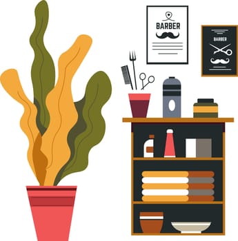 Furniture and decoration of barbershop, isolated houseplant with leaves, table with drawers and tools. Scissors and trimmer, lotions and cosmetics for hairdo, certificate on wall. Vector in flat style