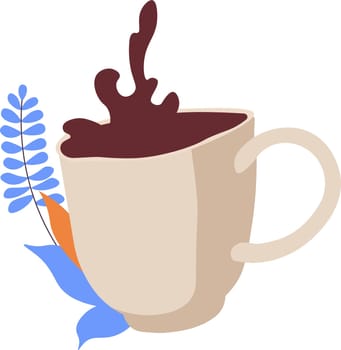 Cafe or restaurant served coffee in cup, decorative foliage and botany leaves. Isolated mug with handle and hot chocolate or cocoa, cappuccino or tea for breakfast or lunch. Vector in flat style