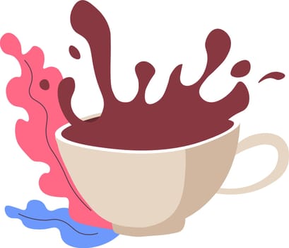 Splashes of coffee or cappuccino, hot chocolate or latte, isolated cup with drops of beverage and decorative foliage and leaves. Cafe or restaurant, diner or bistro ads. Vector in flat style