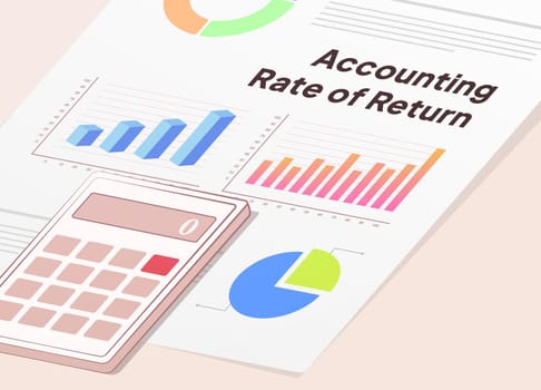 Accounting Rate of Return, ARR - investment ROI formula. Evaluates returns relative to initial cost, not factoring time value or cash flows. Vector illustration.