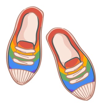 Stylish shoes for men or women with rainbow print and rubber platform. Isolated pair of footwear for females and males, hippies design or lgbt symbolism and tolerance price. Vector in flat style