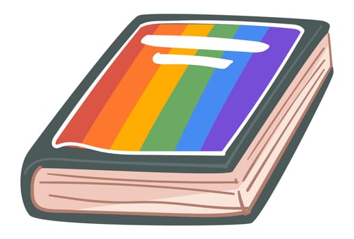 Textbook with rainbow symbol, isolated book with stories and fairy tales for kids. Diary for lgbt people, stationery for writing, office or school supplies. Publication in handcover. Vector in flat