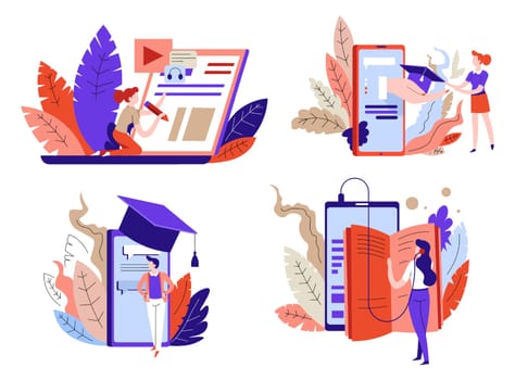 Students learning and studying online, education in internet using resources for discipline and lessons. Smartphones and digital library, tablets and headphones for listening. Vector in flat style