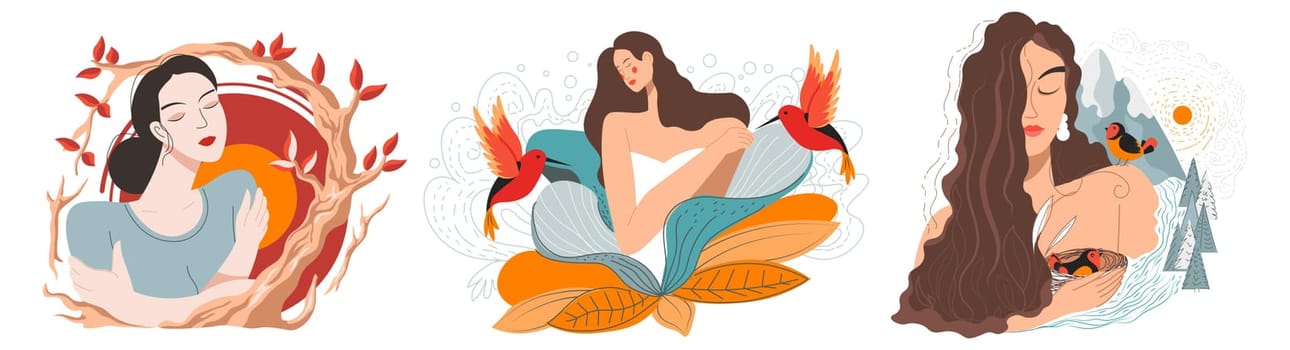 Revival of nature and beauty, mother nature with feminine energy and care. Character with birds and nests fauna, forests and tree branches. Power and elegance. Vector in flat style illustration