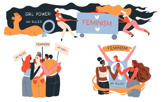 Female characters with feminist slogans, protesters and activists. Feminist movement and support, my body my rules. Ladies on demonstration fighting against inequality from men. Vector in flat style