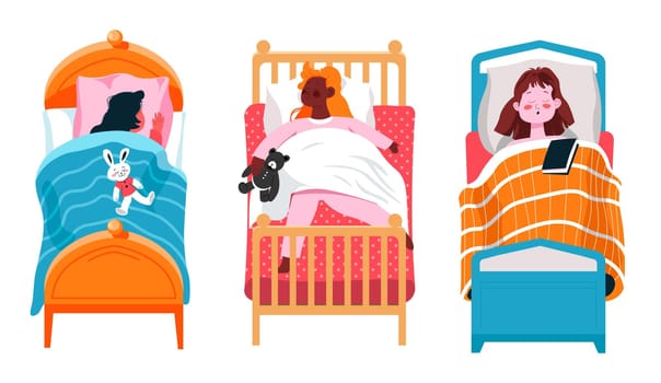 Children asleep in bed covered with blanket or warm duvet. Isolated kids with toys, plush bear and bunny. Tired boy and girl, comfortable apartment and rest, relax and charging. Vector in flat style