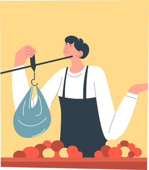 Country market seller weighing ripe apples for sale, isolated male character with package of fruits and device to measure and count. Street shop or stall, supermarket worker. Vector in flat style