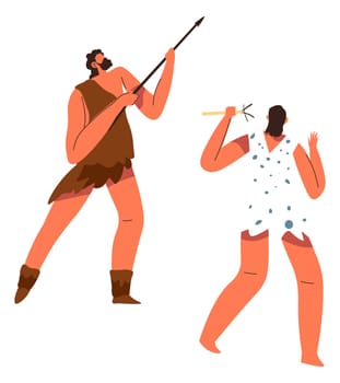 Ancient people and civilizations, people hunting and trying to survive in wilderness. Isolated men with spears and arrows, hunters wearing furs and leathers. Stone age life. Vector in flat style