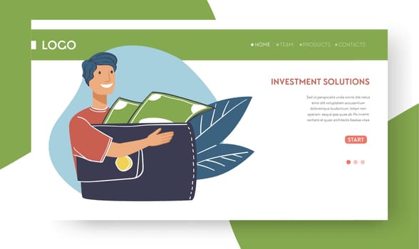 Male character with wallet full of money investing and putting financial assets in project or job. Man with banknotes investor or businessman. Website or web page landing template, vector in flat