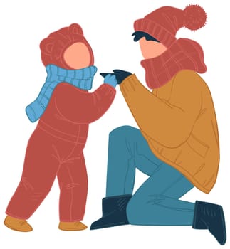 Winter seasonal weather and frost outdoors, isolated mother and child rearing warm clothes, coats and scarves. Mom and kiddo, kid walking outside on holidays or vacations. Vector in flat style