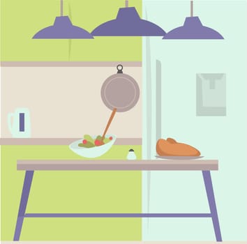Kitchen interior design with table and cutlery, kitchenware and meal. Preparing food at home, bowl with salad and bread or meat on countertop. Homemade dishes and recipes. Vector in flat style