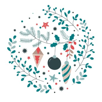 Christmas and new year preparation, isolated wreath with evergreen plants, pine tree and baubles toys. Xmas postcard, card with greetings for winter holidays. Vector in flat style illustration