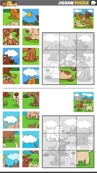 Cartoon illustration of educational jigsaw puzzle games set with dogs animal characters group
