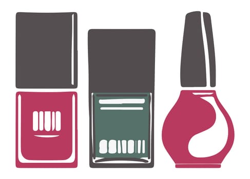 Nail polishes in bottles, manicure and pedicure kit for professional work in salon or home. Cosmetics and products for self care, branding sample and treatment. Vector in flat style illustration