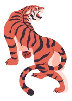 Wild feline animal with furry coat and stripes print, isolated Bengal tiger with long tail. Wildlife and fauna nature, safari and habitat. Exotic mammal or mascot. Vector in flat style illustration