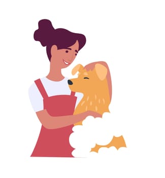 Professional salon services for dogs and domestic pets and animals, isolated woman washing fur of puppy with soap. Hygiene and care for mammal. Grooming and bathing canine. Vector in flat style