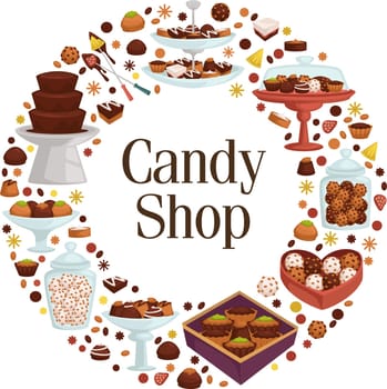 Assortment of sweets and desserts in candy shop, store with variety of chocolate and cookies with nut. Sugary food and meal, supermarket holiday advertisement circle banner. Vector in flat style