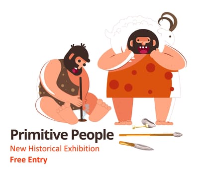 Free entry for museum with new historic exhibition presenting life and culture of primitive people in ancient and prehistoric ages. Male characters with tools, rocks and wooden sticks, vector