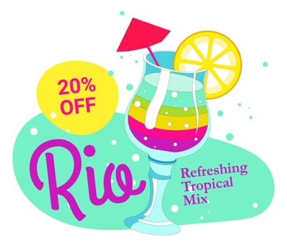 Discount on rio cocktail served with decorative umbrella and slice of lemon fruit. Refreshing tropical mix on sale, reduction of price 20 percent off. Juice and alcohol. Vector in flat style