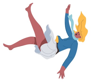 Metaphor of failure or unsuccessfulness, isolated female character falling down on slippery road or path. Woman made mistakes, accident and unexpected events causing injury. Vector in flat style