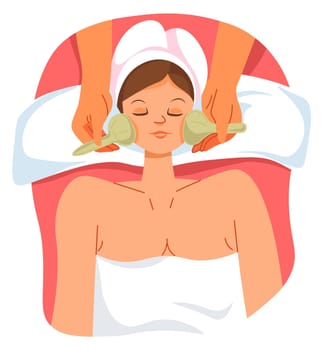 Rejuvenation and moisturizing of skin on face with massages and procedures in spa salon. Female character with towels lying on table, professional care of specialist cosmetician. Vector in flat