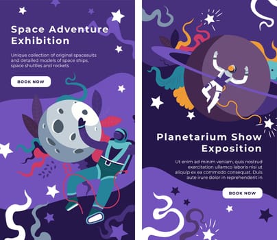 Planetarium show exposition and space adventure exhibition, museum with planets and stars, celestial bodies and astronauts in costumes and uniforms. Website with booking and order. Vector in flat