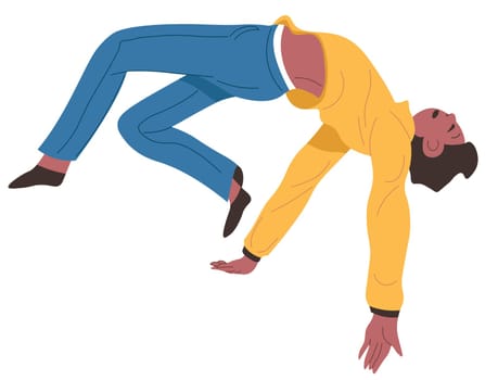 Man slipping and falling down with back forward. Male character dancing or giving performance, flexible body of boy. Dangerous trick by stunt or actor on shooting. Vector in flat style illustration