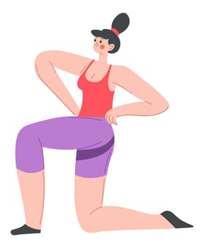 Exercises and training in gym, female character doing sports active lifestyle and losing weight. Keeping fit and staying healthy. Fitness or pilates, aerobic or flexibility. Vector in flat style