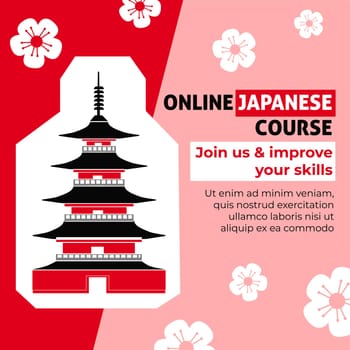 Join us and improve skills, online Japanese course and education online in groups or individual. Poster with information for students, teaching and getting to know basis. Vector in flat style