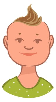 Small kid portrait or avatar, isolated child with smile on face. Cheerful toddler boy with funny hairstyle. Kiddo with positive expression on face. Happy son emotional children. Vector in flat