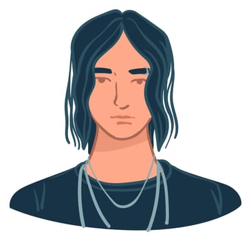 Portrait of male character wearing dark gothic clothes and accessories, teenager with long hairstyle. Man in fashionable apparel, confident and serious facial expression. Vector in flat style