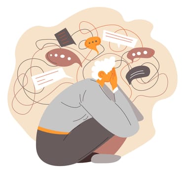 Pensive male character with tangled thoughts, man thinking in moment of crisis. Suffering and solving problems and troubles. Silent personage with difficult stage in life, vector in flat style
