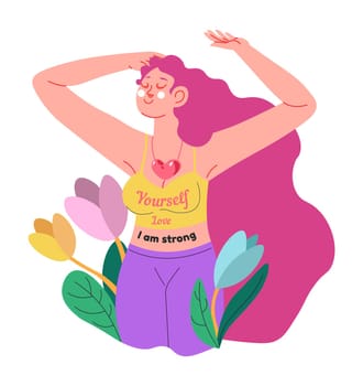 Feminist girl wearing tshirt with slogan love yourself and I am strong. Supporter of feminism movement. Inspirational woman in harmony, flower blossom and femininity. Lady vector in flat style