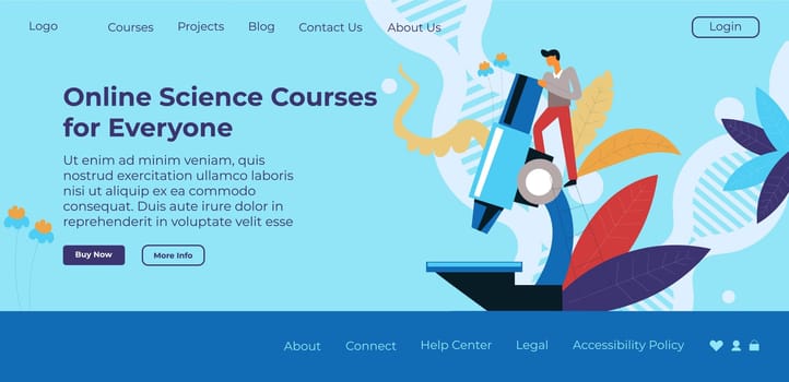 Education and obtaining of knowledge in web, online learning courses and classes for students. Studying chemistry and biology, leading experiments. Website landing page template, vector in flat style