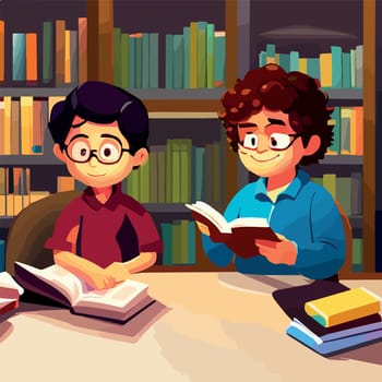 Captivating Education and School Concept Little Student boys, Engaged in Studying at School reading a Book in school library, back to school concept, vector illustration