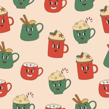 Seamless pattern of cute hot drinks characters in y2k groovy style. Red and green cups on pink background for Christmas design. Vector illustration