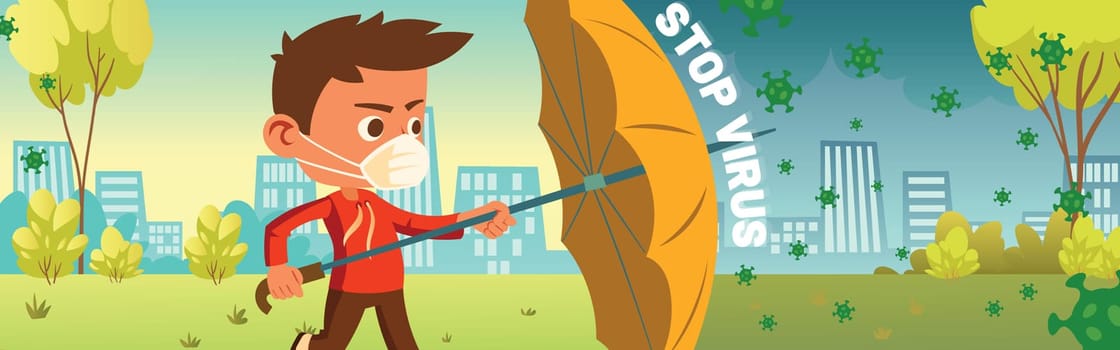 Stop virus banner. Coronavirus and infection protection, quarantine and health safety concept. Vector cartoon poster with boy in mask with umbrella protects from covid 19 spread on city background