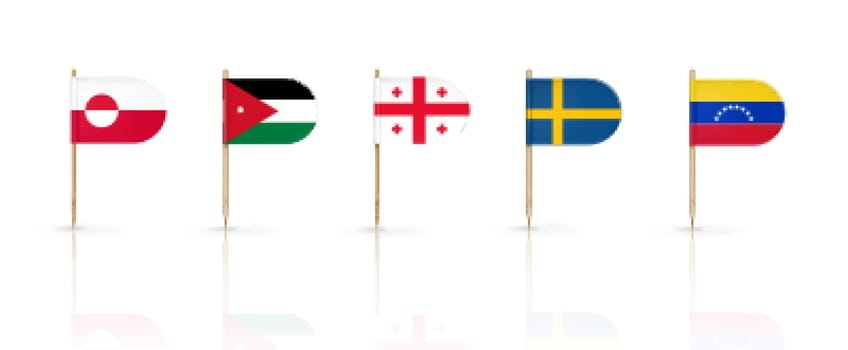 Toothpick flags of Greenland, Jordan and Georgia with Sweden and Venezuela. National banners on wooden pointed sticks. Oval edge pennants isolated on white background, Realistic 3d vector icons set