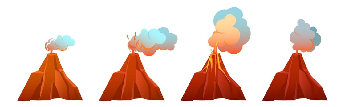 Volcanic eruption in different stages. Volcano erupts with flow lava, fire and clouds of smoke, ash and gases. Vector cartoon set of mountain with crater and hot magma isolated on white background