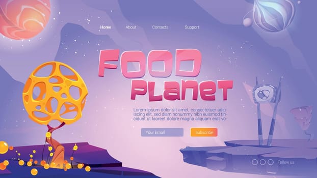 Food planet cartoon landing page. Fantasy game, adventure, funny world with salmon fish and onion spheres in space, caviar plant, sushi with ginger over alien bizarre landscape, vector web banner
