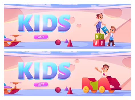Children on playground in kindergarten. Vector banners with cartoon kids in montessori preschool with toys, car and swing. Boy and girl plays with cubes in daycare center