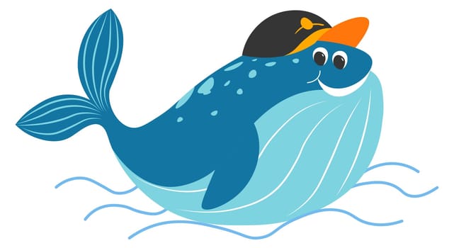 Marine life funny animal character with smile on face. Isolated whale wearing decorative hat swimming in water, sea creature under water. Wildlife mascot or fish childish personage. Vector in flat