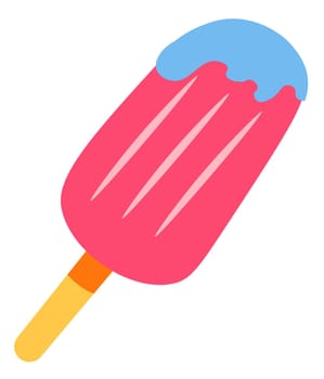 Frozen sweet dessert, isolated gelato on wooden stick. Tasty summer season snacks and meals. Vanilla and strawberry flavor and taste. Chocolate topping on ice cream top. Vector in flat style