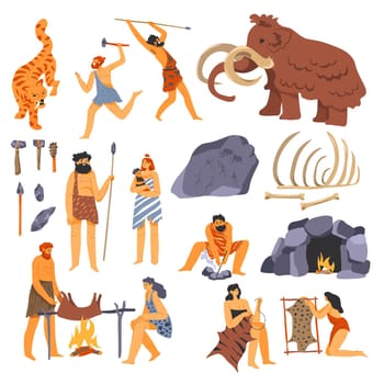 Prehistoric life and culture, primitive people hunting characters. Mammoth and tools from stones, instruments and weaponry. Cave picture and drawing, family making dinner on fire. Vector in flat style