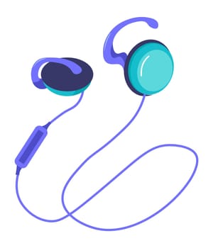 Earphones, modern phone accessories and device for listening music and songs. Isolated headphones with wired, earphone for communication. Volume and build in stereo system. Vector in flat style