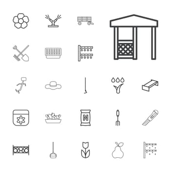 symbol,gazebo,gardening,icon,sign,isolated,shovel,for,bag,cutter,pear,irrigation,white,pot,plants,and,design,hat,vector,graphic,barrow,set,bench,nature,in,tool,flower,with,system,watering,background,plant,garden,ground,pitchfork,illustration,rake,fence,hoe