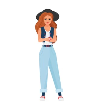 Confident hipster girl. Young woman with crossed arms, girl with hat vector cartoon illustration