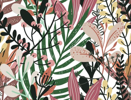 Leaves and foliage, lush greenery, and tropical botany biodiversity. Summer and spring trendy flourishing. Background or print for fabric or wallpaper, seamless pattern. Vector in flat style